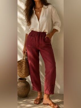 NWT WRAP London Linen Pants Dark Ruby ❤️✨ Paperbag Waist Cottagecore Relaxed US8